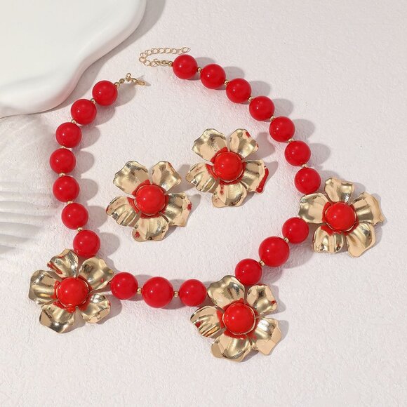 🌺Red Bead & Gold Flower Statement Necklace & Earring Set! - Picture 4 of 4